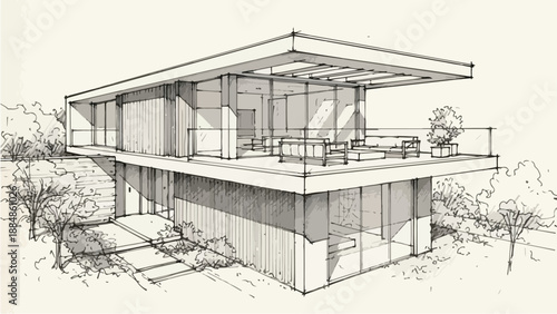 Contemporary flat roof villa with cantilevered balcony