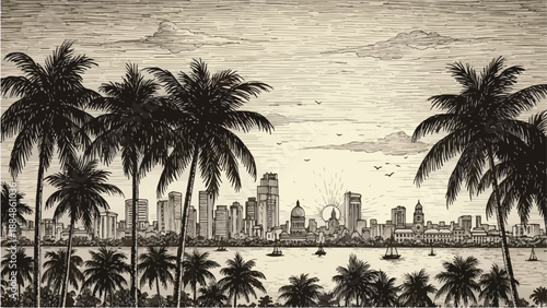 Coastal city skyline with palm trees silhouette