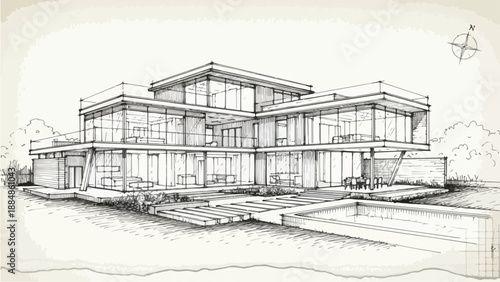 Modernist multi building villa complex perspective
