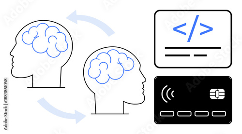 Artificial intelligence, programming, digital payments, neural connections, technology integration, cognitive systems. Two brains with arrows, code symbol and payment card. AI and programming