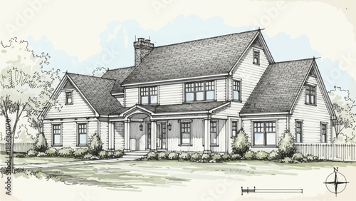Classic two story house with attached garage sketch