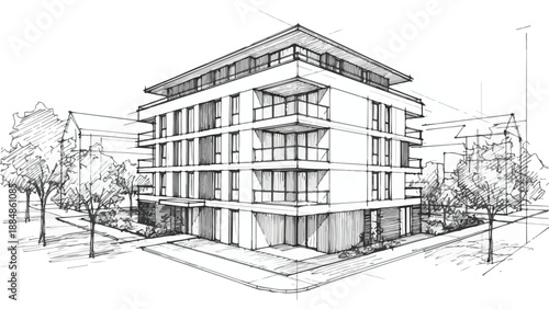 Modern tiered apartment building with glass balconies