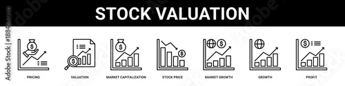 Stock Valuation web banner icon set collection solid style.