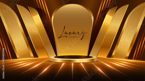 Luxury Golden Award Stage with Glowing Light Line and Metallic Shine Effect, Elegant Podium Platform Showcase Scene, Royal Gala Ceremony Background, Corporate Celebration Event Banner Template Design.