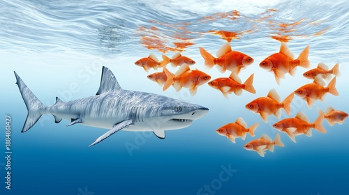Shark approaching school of fish symbolizing survival threat power imbalance natural instinct and tension within marine ecosystems, Generative AI