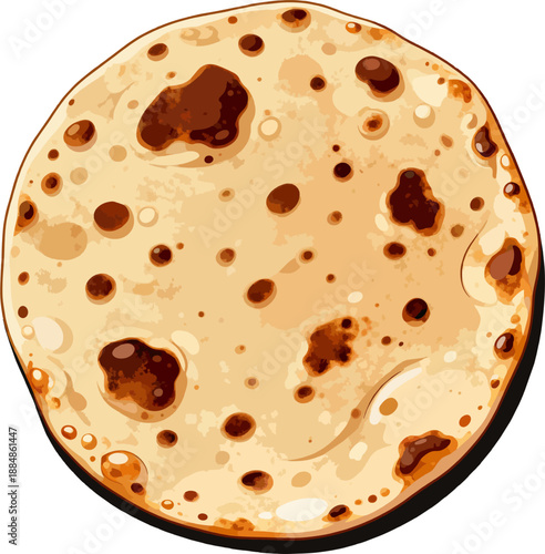 Perfect round chapati flatbread cartoon illustration with symmetrical dark brown spots and smooth texture