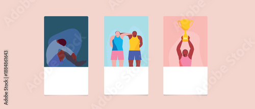 Athlete overcoming challenge, sports team supporting each other, winning athlete holding trophy.  Motivation and mental strength flat illustration poster