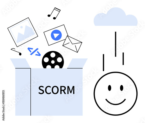 SCORM packaging concept. SCORM enables efficient content sharing and e-learning in digital environments. SCORM ensures compatibility of media, files, and cloud storage. Perfect for training