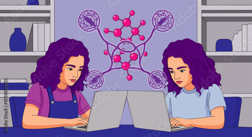 Two identical women focused on laptops, symbolizing scientific research, digital learning, and technological collaboration, with complex molecular diagrams.