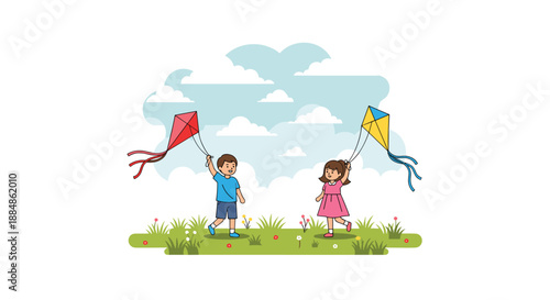 Two children, a boy and a girl, happily flying kites in a grassy field with clouds in the sky.