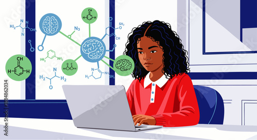 Young Black girl learning science and technology on a laptop with chemical formulas and brain diagrams