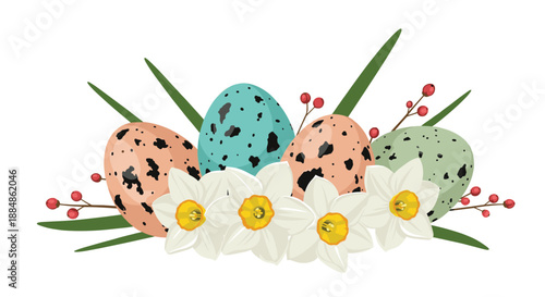 A decorative arrangement of speckled Easter eggs, daffodils, and red berries on a white background.