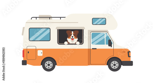 A camper van with an orange stripe, with a happy border collie dog peeking out the window.