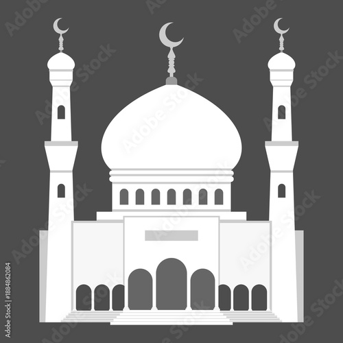 White mosque vector illustration flat design minimalist islamic architecture building with minarets and dome isolated on dark grey background for ramadan kareem and eid mubarak.