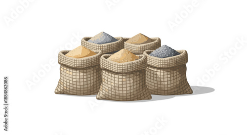 Five burlap sacks filled with different types of sand and soil, arranged on the ground.
