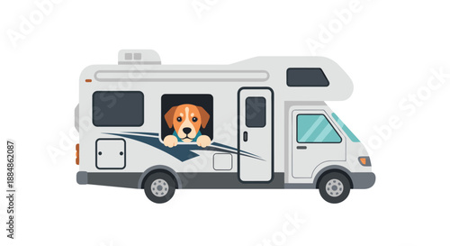 A white camper van with a blue stripe, featuring a cute dog looking out the side window.