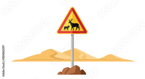 A traffic sign warning of deer crossing, featuring silhouettes of an adult and young deer.