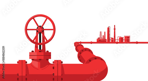 A large red industrial pipe with a valve, connected to a refinery in the distance.