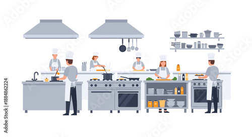 A busy commercial kitchen with chefs preparing food at stoves and workstations.