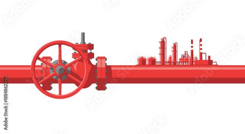A close-up of a large red industrial pipe with a control valve leading towards a refinery.