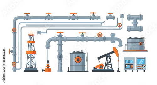 An arrangement of industrial oil and gas equipment, including pipes, tanks, and a derrick.