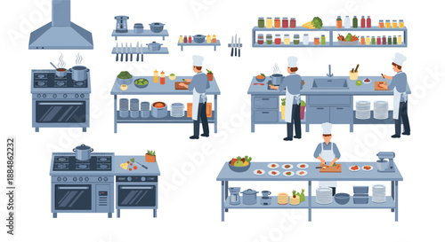 Various scenes of a professional kitchen with chefs cooking and preparing food.