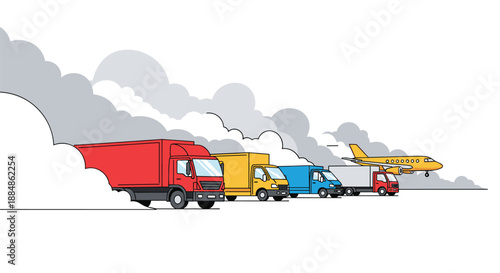 A fleet of diverse transport vehicles, including trucks, vans, and an airplane, in a cloudy sky.