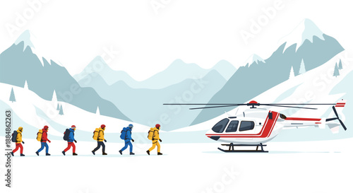A group of mountaineers approaching a helicopter in a snowy mountain range.