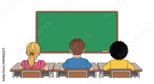 Three children sitting at desks, facing away from the viewer towards a green blackboard.