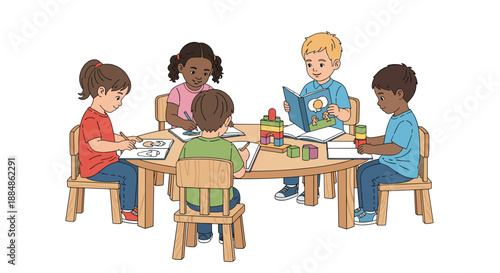 Several children sitting around a table engaged in learning activities like reading and drawing.