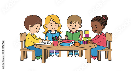 A group of diverse children sitting around a table, reading, drawing, and playing with blocks.