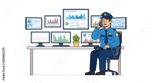 A security guard sitting at a desk with multiple computer monitors displaying charts and graphs.
