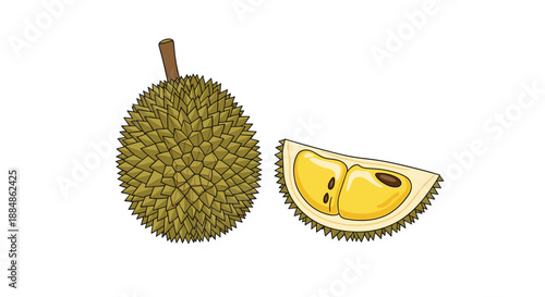 A whole durian fruit and a slice showing its creamy yellow flesh and seeds are presented on a white background.