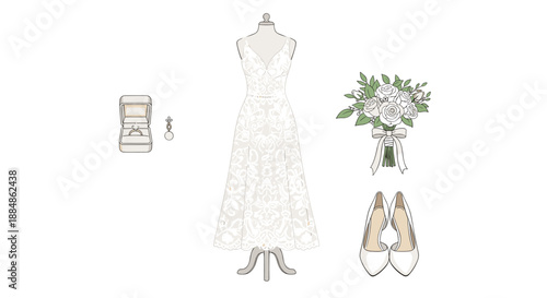 A complete bridal set including a white wedding dress on a mannequin, shoes, a bouquet, and a jewelry box, arranged on a white background.