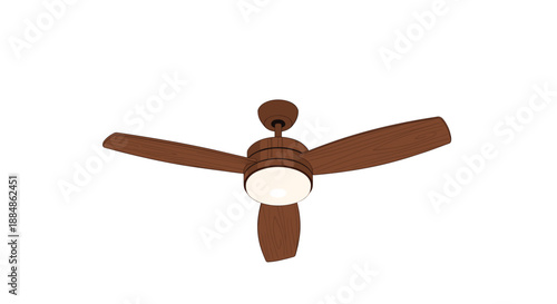 A brown wooden ceiling fan with a glowing light is suspended against a plain white background, depicting home comfort and ventilation.