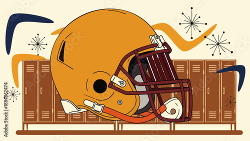 Retro American football helmet and lockers with mid-century modern atomic starbursts and boomerangs, vintage sports theme