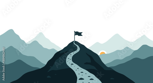A winding path leads up a majestic mountain peak topped with a flag, under a layered sky of mountains and a setting sun, symbolizing achievement.