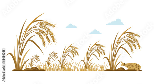 A scenic depiction of a rice field with golden stalks swaying in the breeze, under a sky with fluffy clouds, and a sack in the foreground.