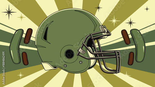 Retro American Football Helmet with Dumbbells and Starbursts, Vintage Sports Illustration