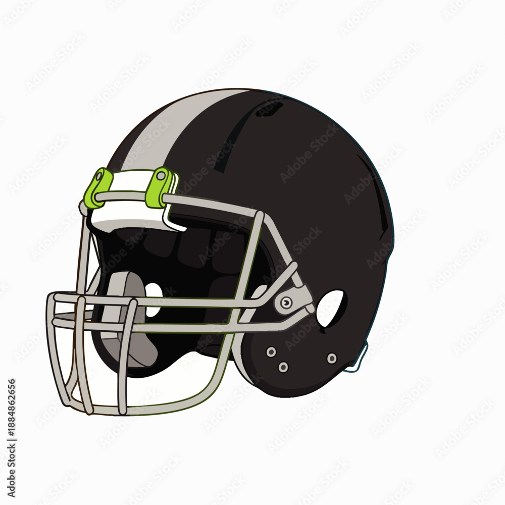 Fototapeta premium Black American football helmet vector illustration. Isolated protective headgear with grey stripe and green buckle for player safety in team sports.