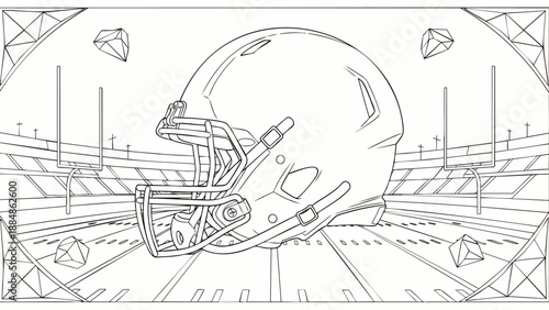 American Football Helmet Line Art Illustration on Stadium Background. Detailed Outline Drawing for Sports Coloring Pages and Graphic Design Projects.