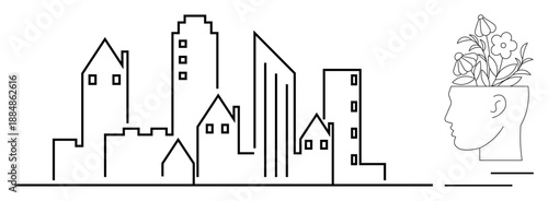 City buildings line art combined with a human head emitting flowers, symbolizing urban innovation, nature, and growth. Ideal for creativity, ecology, urban development, sustainability, mindfulness