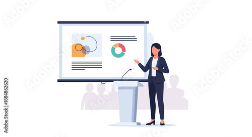 A female presenter stands at a podium in front of a projection screen displaying charts and graphics, illustrating a business presentation.