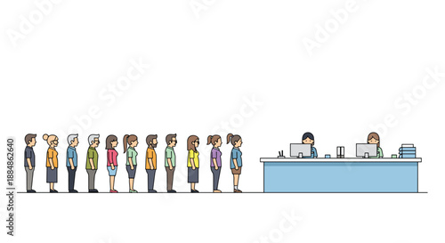A line of diverse people waits patiently at a counter with two employees serving them, representing a queue or service area.