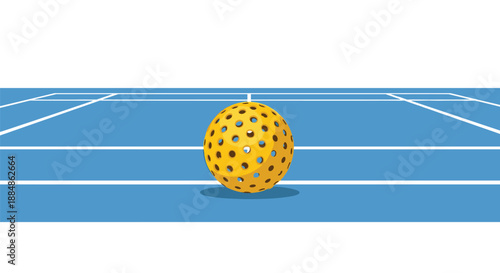 A bright yellow pickleball rests on a blue pickleball court with white lines, symbolizing the sport and its equipment.