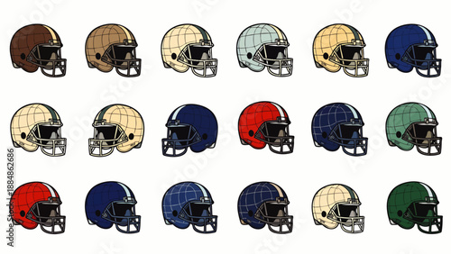 Vibrant collection of American football helmets, illustrated in various hues and patterns, iconic sports equipment for game day and athletic protection.