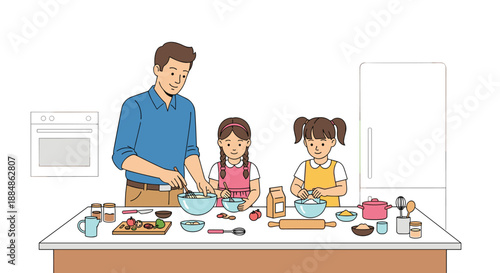 A father and his two daughters are actively baking in a kitchen, with ingredients and utensils spread across the counter.