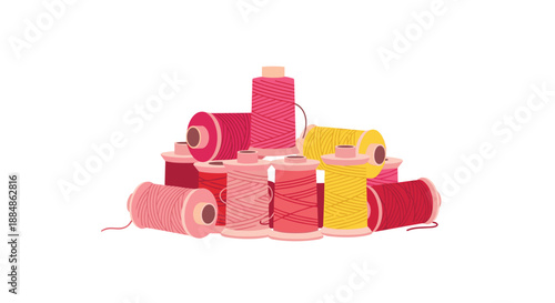 A pile of colorful spools of thread in shades of pink and yellow, neatly arranged, representing sewing and crafting supplies.