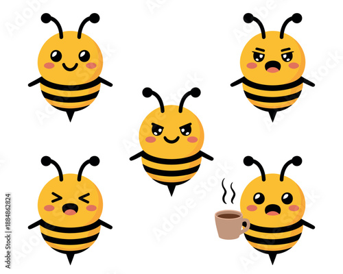 A group of cartoon bees with different facial expressions and one holding a cup of coffee
