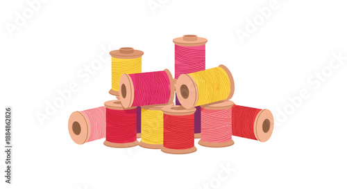 A heap of colorful thread spools in pink, red, yellow, and purple, stacked and arranged, ready for sewing or crafting projects.